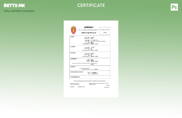 модерен стил Норвешка извод од матичната книга на родените Шаблон за Word и PDF